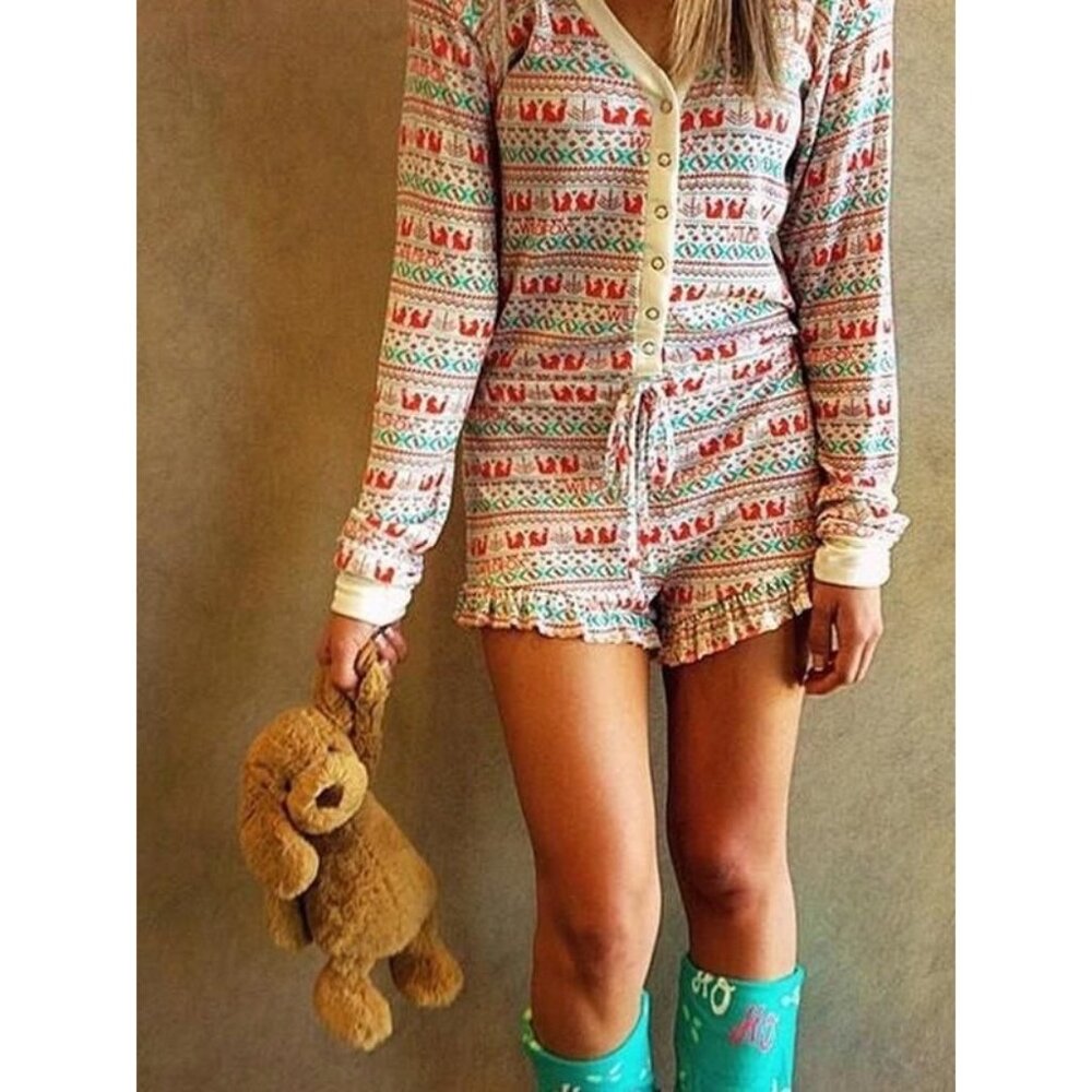 Wildfox Long Sleeve Snap-Button Front Waist-Tie Ruffled Shorts Romper Playsuit L